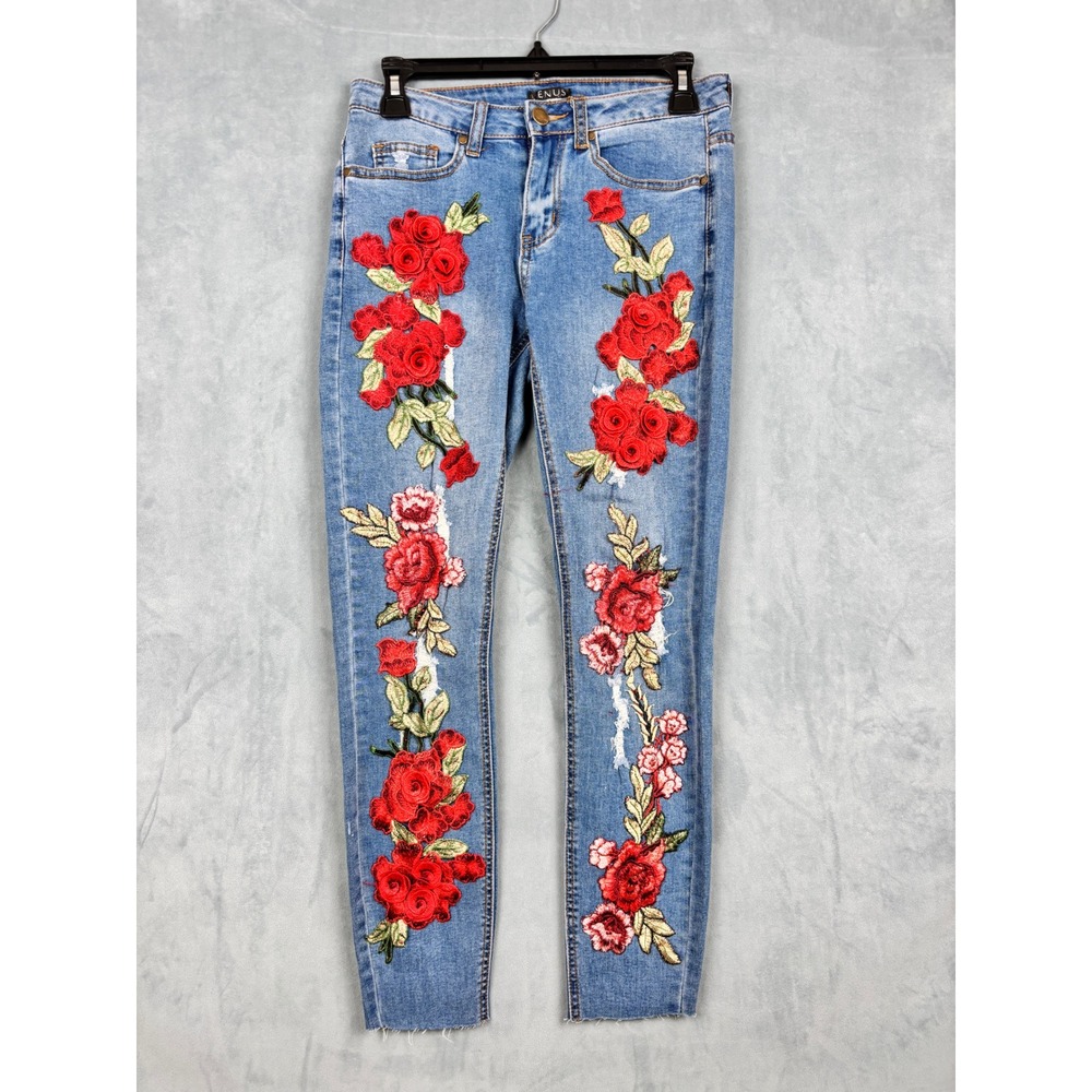 Venus Floral Embroidered Rose Skinny Jeans Medium Wash Raw Hem Size 4